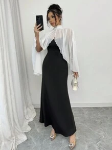 TrendSteals فستان نسائي بحمالات رفيعة لون سادة مناسب - أبيض وأسود - مشاهدة 5