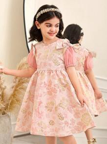 SHEIN Vestido ajustado con cuello redondo y tejido jacquard para niña joven - Rosa - Ver 1