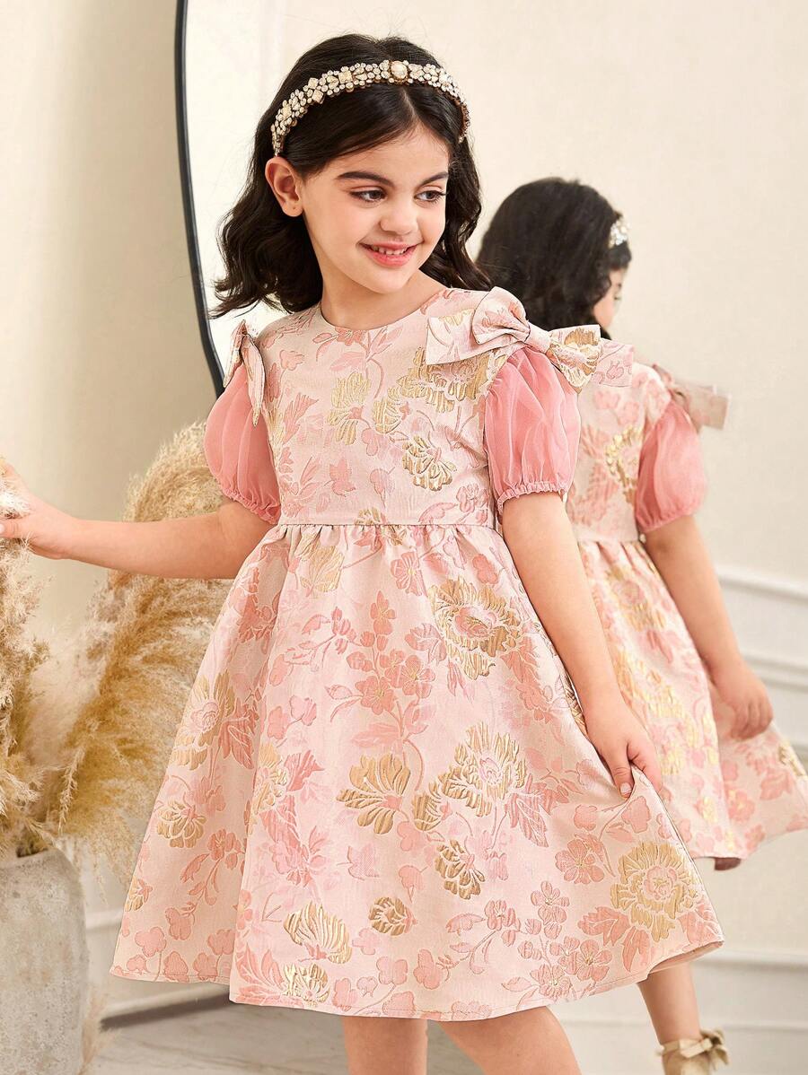 SHEIN Vestido ajustado con cuello redondo y tejido jacquard para niña joven - Rosa - Ver 1