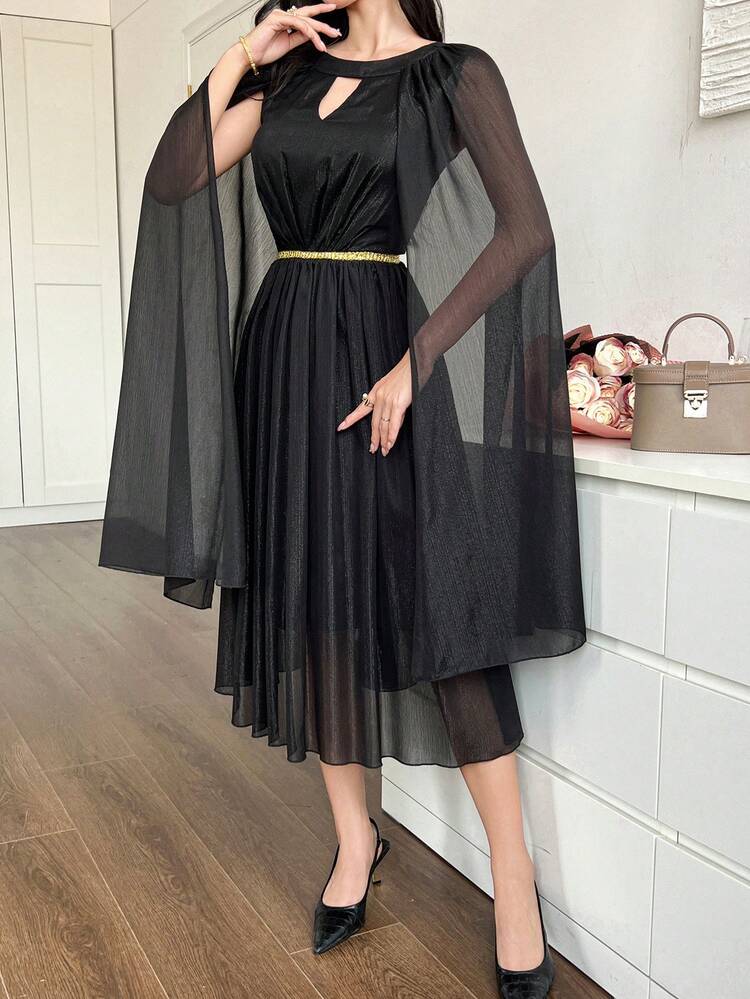 Solid Color Round Neck Batwing Sleeve Midi Dress For Women Prom Dress Sundress,Fall Dress Long Sleeve Dress Elegant Women Dresses