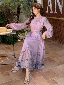 DAZY Vestido de mujer con cuello redondo, manga abullonada y estampado floral hasta la pantorrilla, vestido de otoño