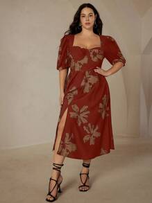 Aveloria Rosie Plus Size Willekeurige Franse Vintage Botsende Kleur Bloemenprint Gerimpelde Buste Cup Vierkante Hals Pofmouw Jurk Vakantie Outfits Vrouw Voor De Zomer