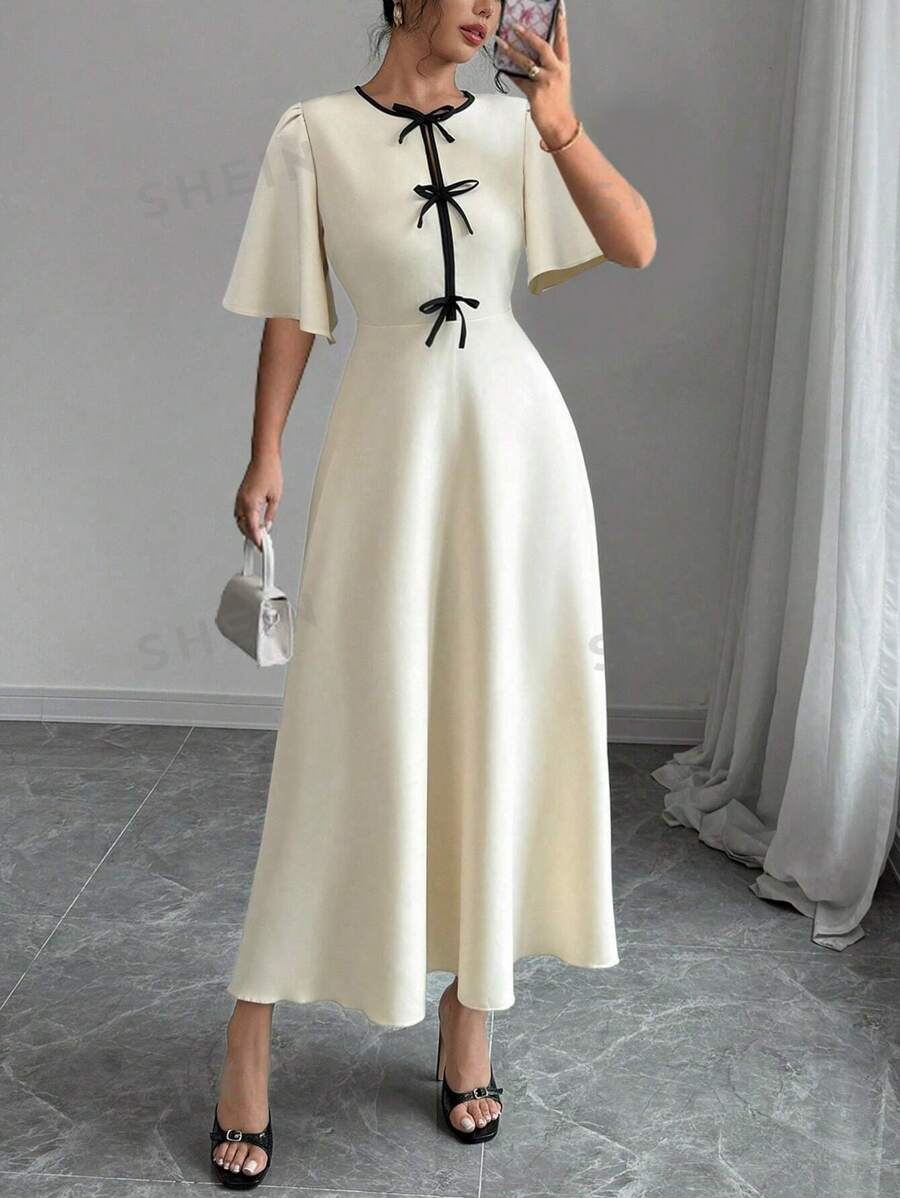 Rafferiza Vestido sólido para mujer con bloqueo de color, decoración de lazo, cuello redondo, cintura ceñida y manga corta. Vestido largo para primavera/otoño