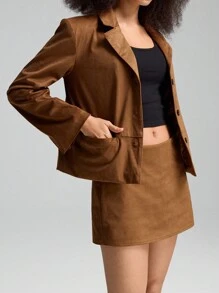 LYSMO Fashionable Vintage Casual Solid Color Suit Jacket - Brown - View 1