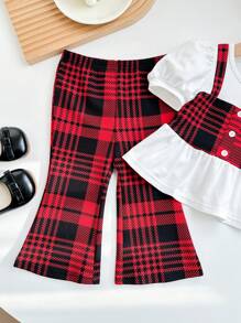 SHEIN Baby Girl Cute Summer Casual Knit 2 In 1 Plaid Patchwork Short Sleeve Top And Elastic Waist Plaid Flare Pants Set - Red - View 4