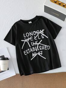 SHEIN Young Girls' Fashion Digital Letter Print Bow Knitted Casual Round Neck Short Sleeve Plain T-Shirt, Summer - Black - View 3