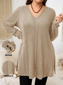 EMERY ROSE Maglietta casual a maniche lunghe con scollo a V in tinta unita e costine, taglia curvy per donna
