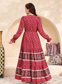 SHEIN 少女红色编织定位花朵印花宽松休闲长袖度假风 V 领纽扣点缀长裙 - 紅色 - 查看 2