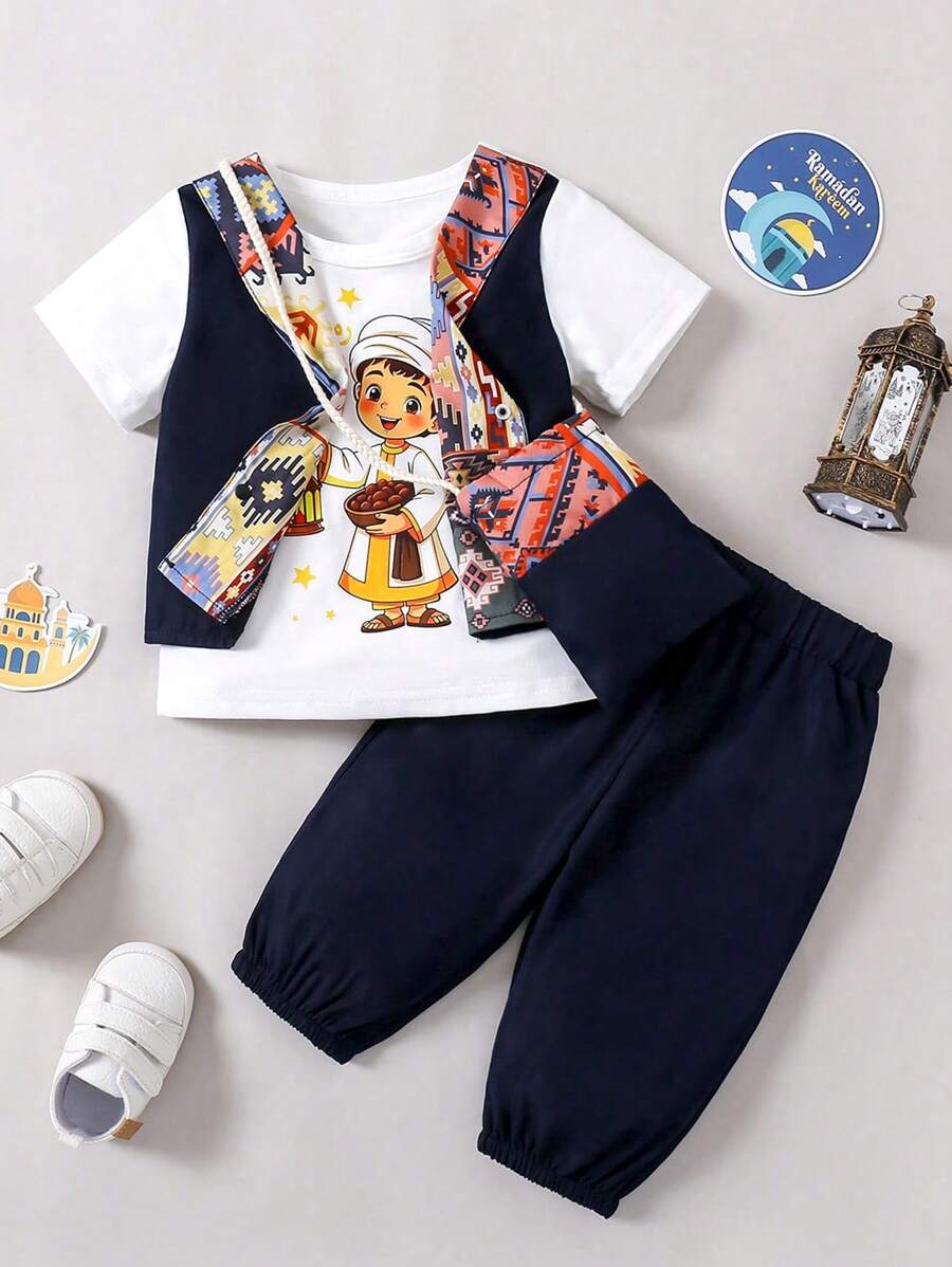 男婴印花圆领短袖上衣和休闲长裤 2 件套 - 彩色 - 查看 1