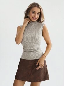 SHEIN LUNE 休闲高领罗纹针织修身无袖上衣