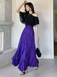 DAZY Blusa de gasa con hombros abiertos, volantes y manga corta de unicolor para mujer, primavera/verano - Negro - Ver 3