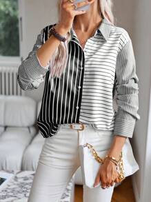 Aveloria Modichic Áo sơ mi sọc dài tay nữ cài nút phía trước, họa tiết ngẫu nhiên - Màu xám đen - Xem 4