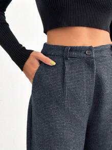 EURMUSE Women Wool Effect Check Pattern Wide Leg Pants - Black - View 3