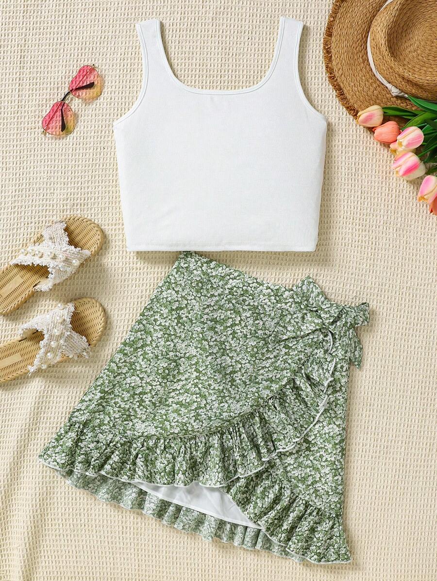 SHEIN 2 件装少女纯色吊带背心和不对称花卉蕾丝下摆裙子套装 - 綠色 - 查看 1