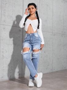 SHEIN PETITE 女士休闲破洞锥形牛仔裤 - 淺色水洗藍 - 查看 2