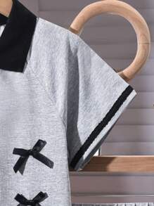 2pcs/Set Girls Bow Decor Gray Short Sleeve T-Shirt With Skirt Cute Outfit - Light Grey - View 3