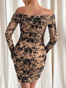 SHEIN Clasi Black Velvet Burnout Off Shoulder Ruched Long Sleeve Fitted Mid-Length Women Dress Dresses For Women Elegant Sexy Dresses For Women