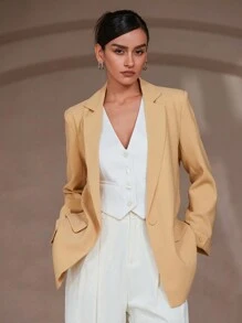 SHEIN Privé Women's Plain Button-Front Long Sleeve Pocket Simple Jacket, Casual Everyday Wear Fall Cloth For Women - Khaki - View 5