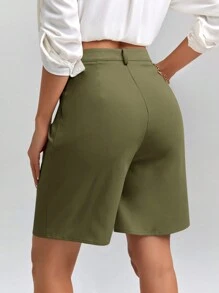 SHEIN Clasi 女士纯色简约时尚休闲短裤 - 軍綠色 - 查看 2