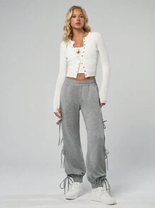 RueChic Women Solid Color Low Waist Jogger Pants With Tie Details - Grey - View 4