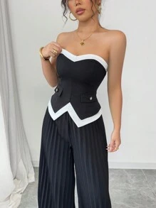 Elenzga 2pcs/Set Women's Elegant Romantic Contrast Color Pleated Top