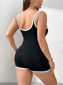 INAWLY 大码女式无袖方领休闲连体裤 - 黑與白 - 查看 2