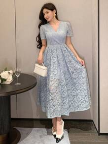 女士 V 领蕾丝中长连衣裙，适合约会和场合太阳裙 - 藍色 - 查看 5