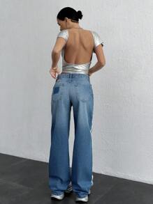 EURMUSE WOMEN HIGH WAIST STRAIGHT JEANS - Medium Wash - View 2