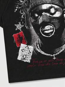 ROMWE MEN Street Life 男式休闲口号图案印花短袖 T 恤 - 黑色 - 查看 5