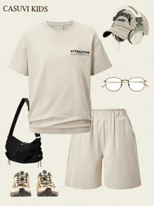 SHEIN 2pcs Boys Simple Pattern Short Sleeve T-Shirt & Shorts Set, Casual Versatile Summer New Arrival - Apricot - View 7