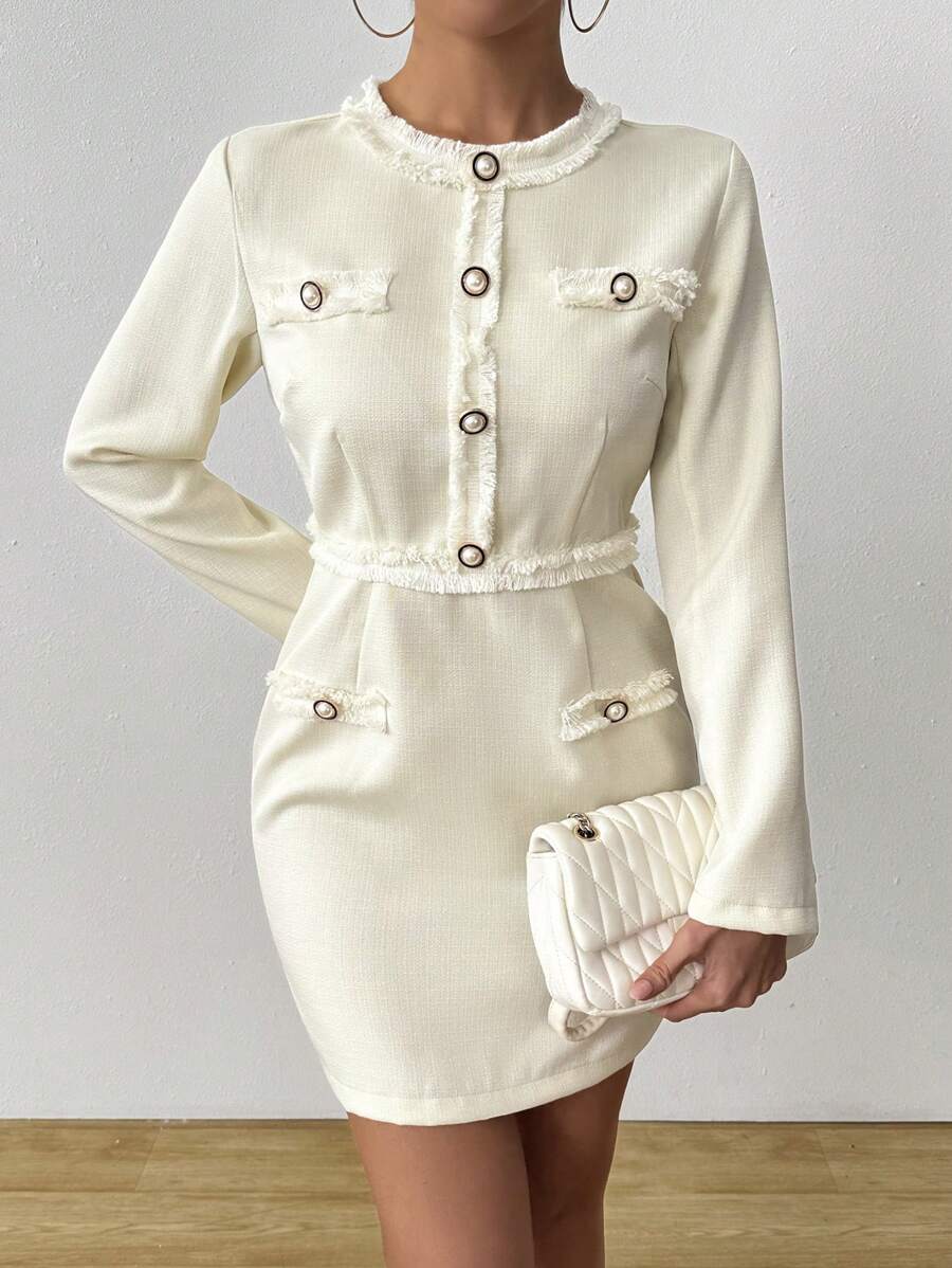 SHEIN Unity 女士优雅通勤流苏腰修身连衣裙 - 杏色 - 查看 1