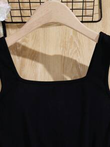 SHEIN Teen Girls' Black Geometric Pattern Knitted Tank Top Patchwork A-Line Casual Holiday Dress - Black - View 5