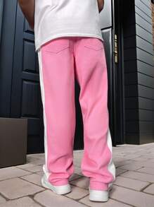 Manfinity Roghcode Men's Contrast Color Block Drawstring Waist Jeans - Pink - View 2