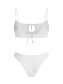 SHEIN Swim Women's Special Fabric Front Drawstring Cute Girl White Bikini Set, For Summer Beach Vacation - White - View 2
