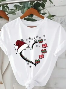 Chiquease Camiseta gráfica casual de cuello redondo de manga corta con estampado de sombrero de Navidad y copos de nieve para mujer