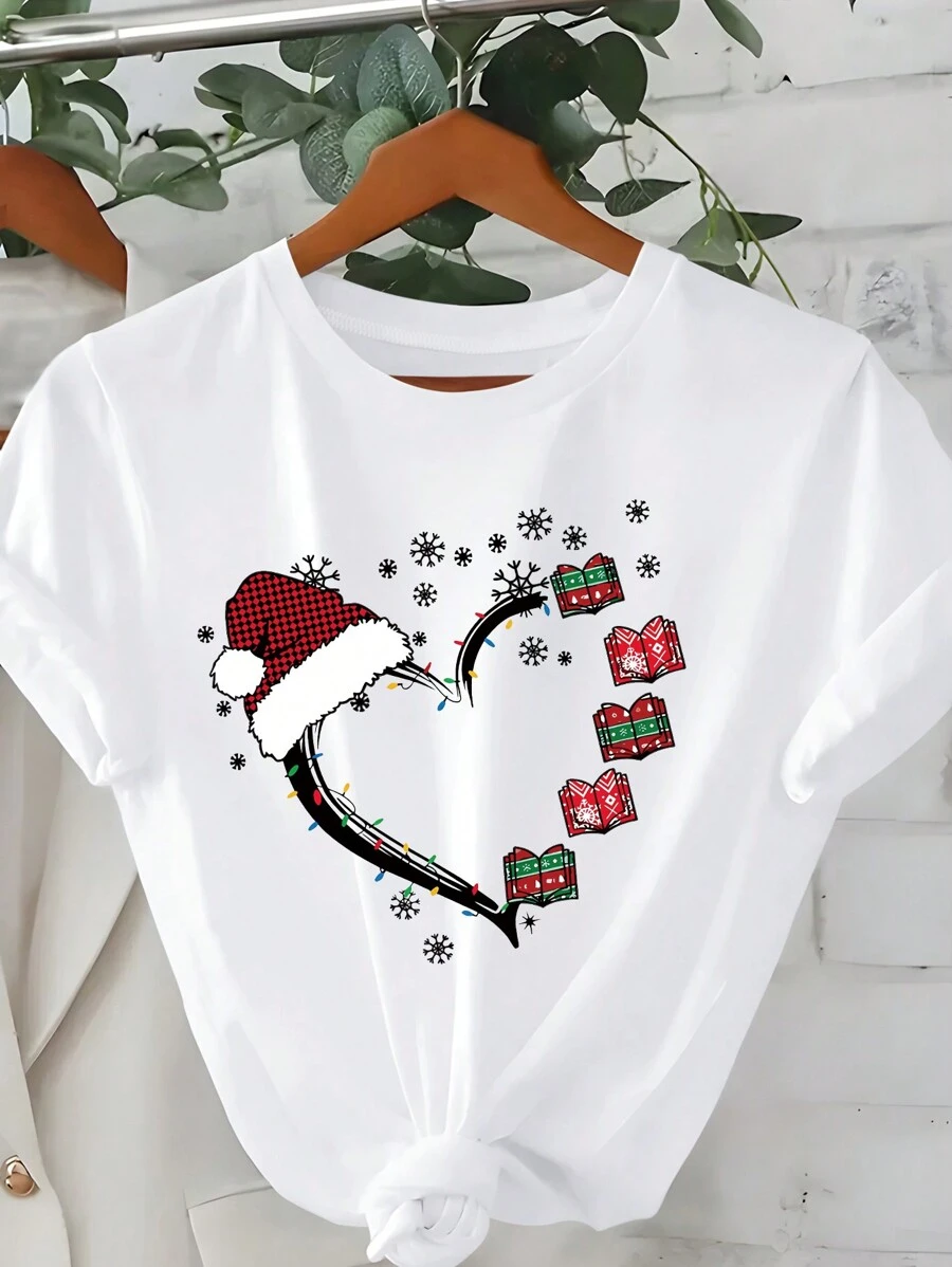 Chiquease Camiseta gráfica casual de cuello redondo de manga corta con estampado de sombrero de Navidad y copos de nieve para mujer