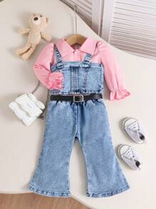 Set de 3 piezas para niñas bebé con estilo de moda callejera: chaleco, blusa y pantalón de pierna ancha, para primavera y otoño - Azul - Ver 1