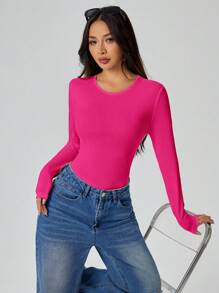 SHEIN PETITE Solid Long Sleeve Slim Fit Rosy T-Shirt Bodysuit - Hot Pink - View 3
