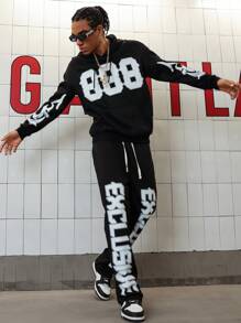 Manfinity Streetrush Conjunto de sudadera con capucha y pantalón de chándal estilo juvenil y de carreras con impresión digital grande en inglés para hombres, regalo para novio o esposo