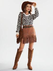 SHEIN LUNE Women's Casual Leopard Jacquard Wavy Hem V-Neck Pullover Sweater