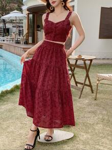 DAZY 女士两件套：镂空刺绣吊带背心和A字裙度假套装 - 紅色 - 查看 5