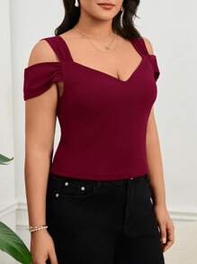 SHEIN Privé Women Plus Size Summer Elegant Hollow V-Neck Slim Fit T-Shirt, Suitable For Romantic Dates, Gatherings, And Casual Commuting - Burgundy - View 5
