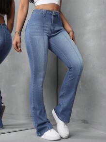 SHEIN Tall Damskie seksowne obcisłe rozciągliwe jeansy dzwony, niebieskie - Ciemny jeans - Zobacz 6