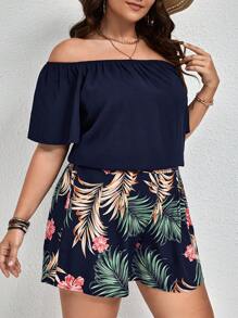 SHEIN VCAY 2pcs Plus Size Boho Simple Fashion Daily Casual Solid Off Shoulder Top And Tropical Print Shorts Set, For Summer,Holiday Outfits Boho - Navy Blue - View 4