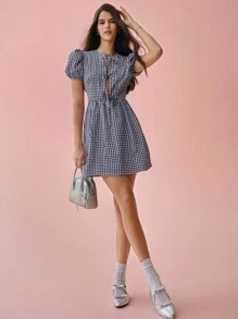 Enchnt Spring/Summer Romantic Women's  Plaid Puff Sleeve Tie Waist Short Dress
,Sweet&Elegant,For Birthday&Sweet Date Night&Garden Parties&Daily Commuting - Pink - View 3