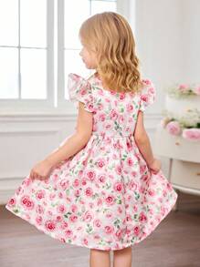 SHEIN Robe de jeune fille à manches volantées avec imprimé de fleurs Ditsy pour Pâques, Glow Young
