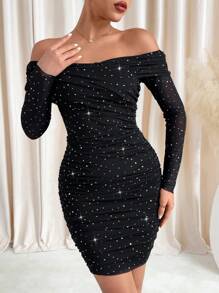 SHEIN Clasi Women's Off Shoulder Long Sleeve Fitted Glitter Rhinestone Dress, New Year Valentines Clothes - Black - View 4