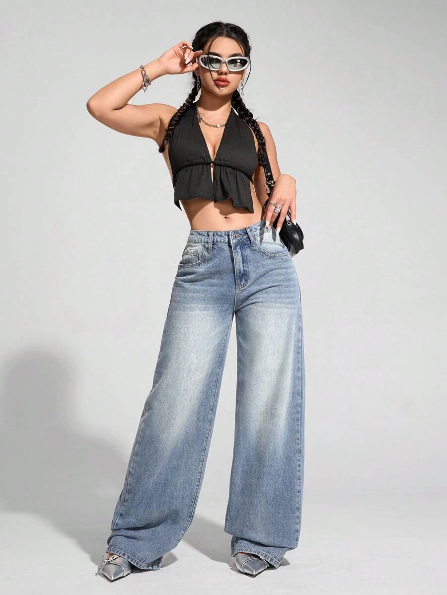 SHEIN EZwear Women's Casual Washed Wide Leg Jeans