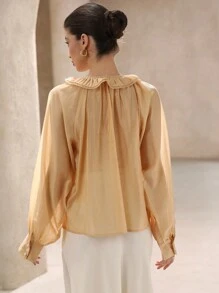 SHEIN Unity Französisches romantisches Satin-Kragen, doppellagiger Rüschenbesatz, Krawattenhals, langärmeliges Midi-Bluse-Top, Damen-Frühlings-Oberbekleidung - Gelb - Übersicht 3