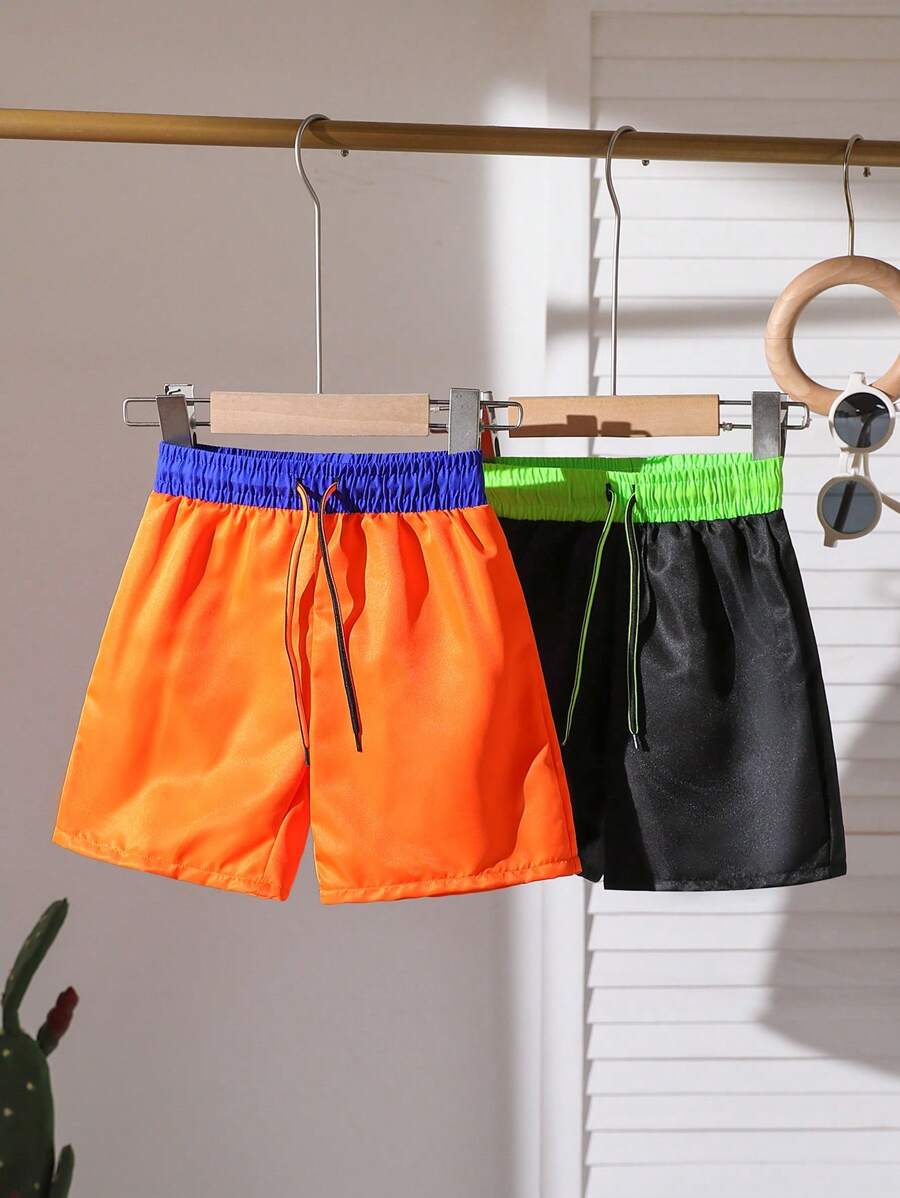 (2 Packs)Young Boys Boys' Drawstring Contrast Color Swimming Trunks